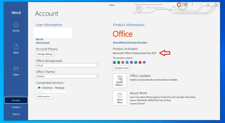 Check microsoft office version account screen